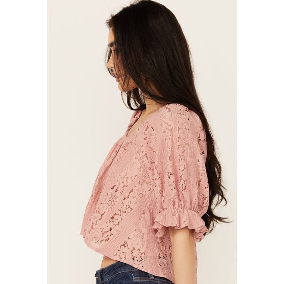 Free People Stacey Lace Crop Top Blush Pink Size Small Puff Sleeve - Picture 3 of 12